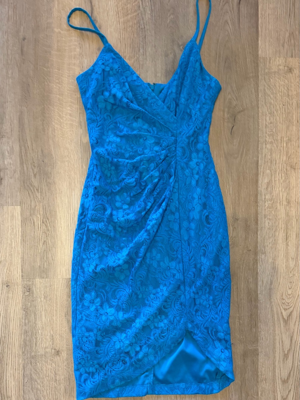 Guess Blue Lace Cocktail Dress Ruched Midi Sheath Size 2
